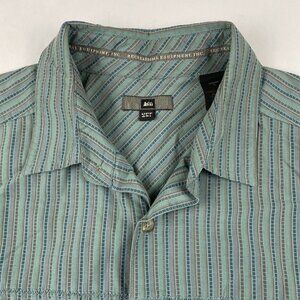 REI Short Sleeve Button Up Shirt Men’s L UPF 45+ Striped Poly Blend Hike Camp